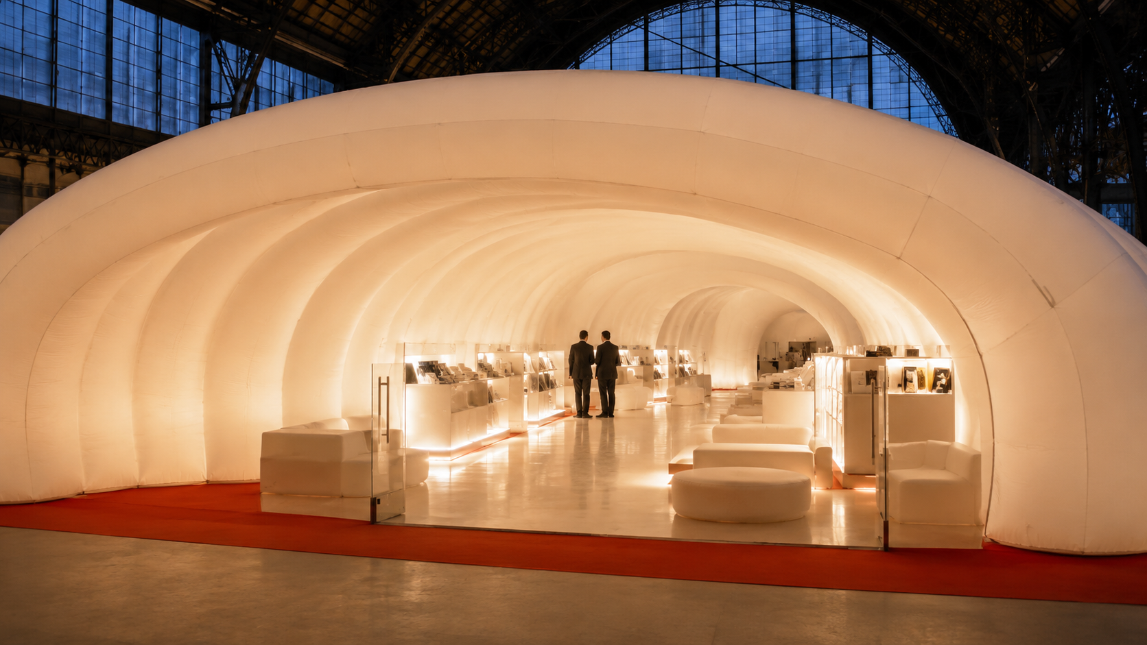 View into the illuminated Aircocon pavilion through a broad ribbed membrane arch, with displays, white seating, and two visitors inside.